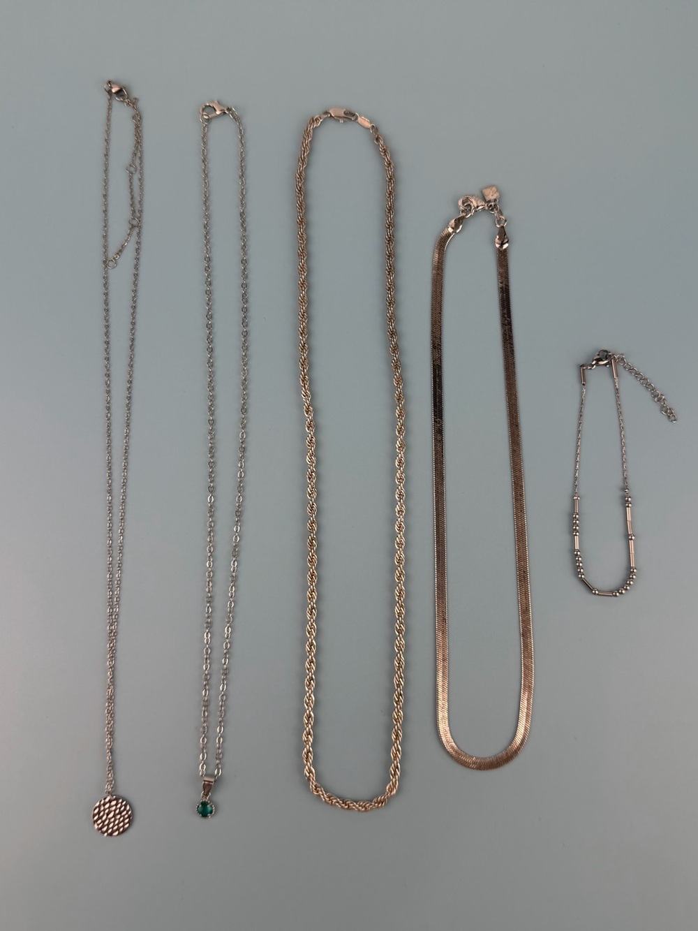 Silver Tone Jewelry Lot (5 Pcs): Layering Necklaces & Beaded Tube Bracelet